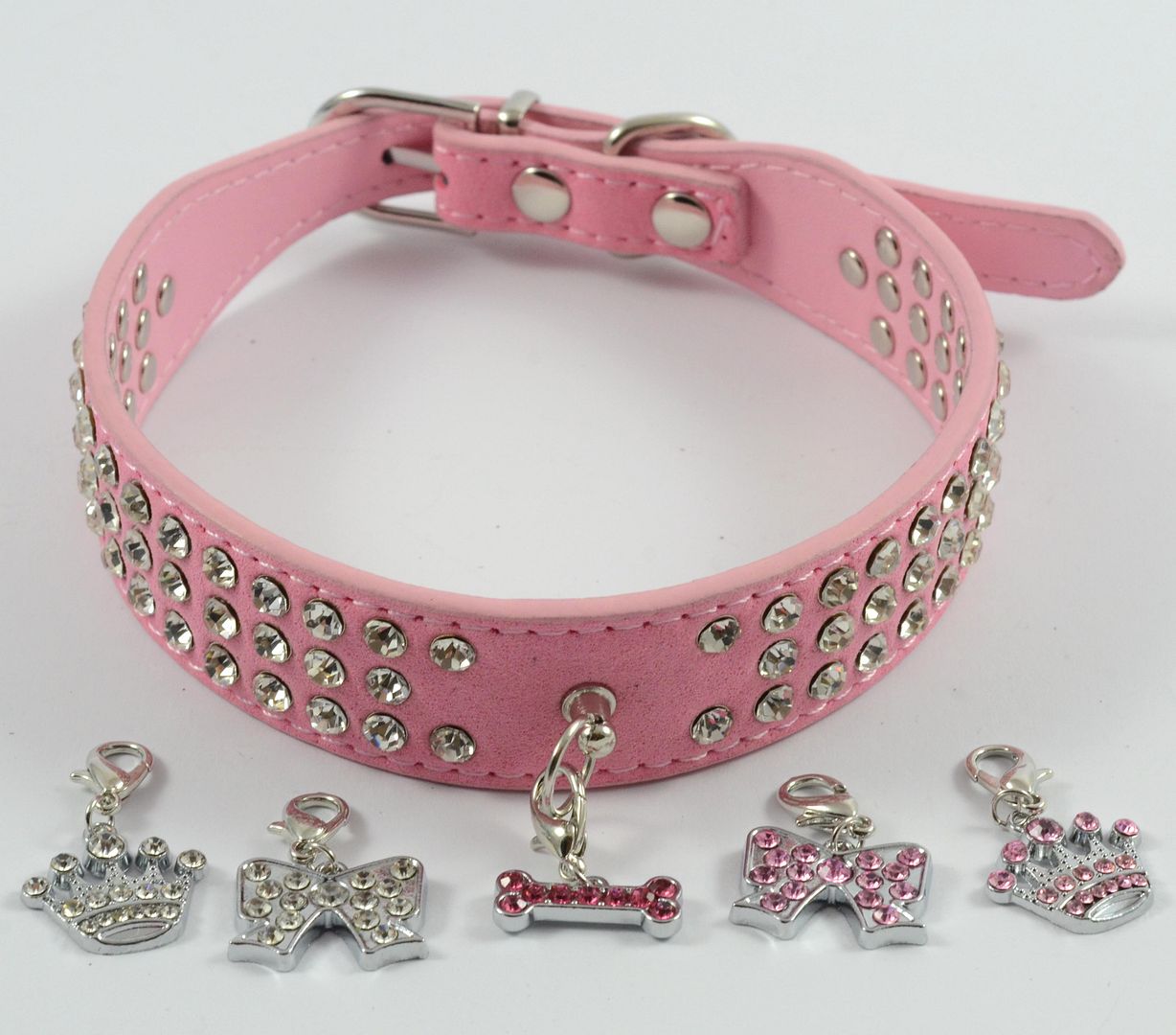 Dog collar Bling Rhinestone Dog Puppy Pet Collar with Charm Tag Pink